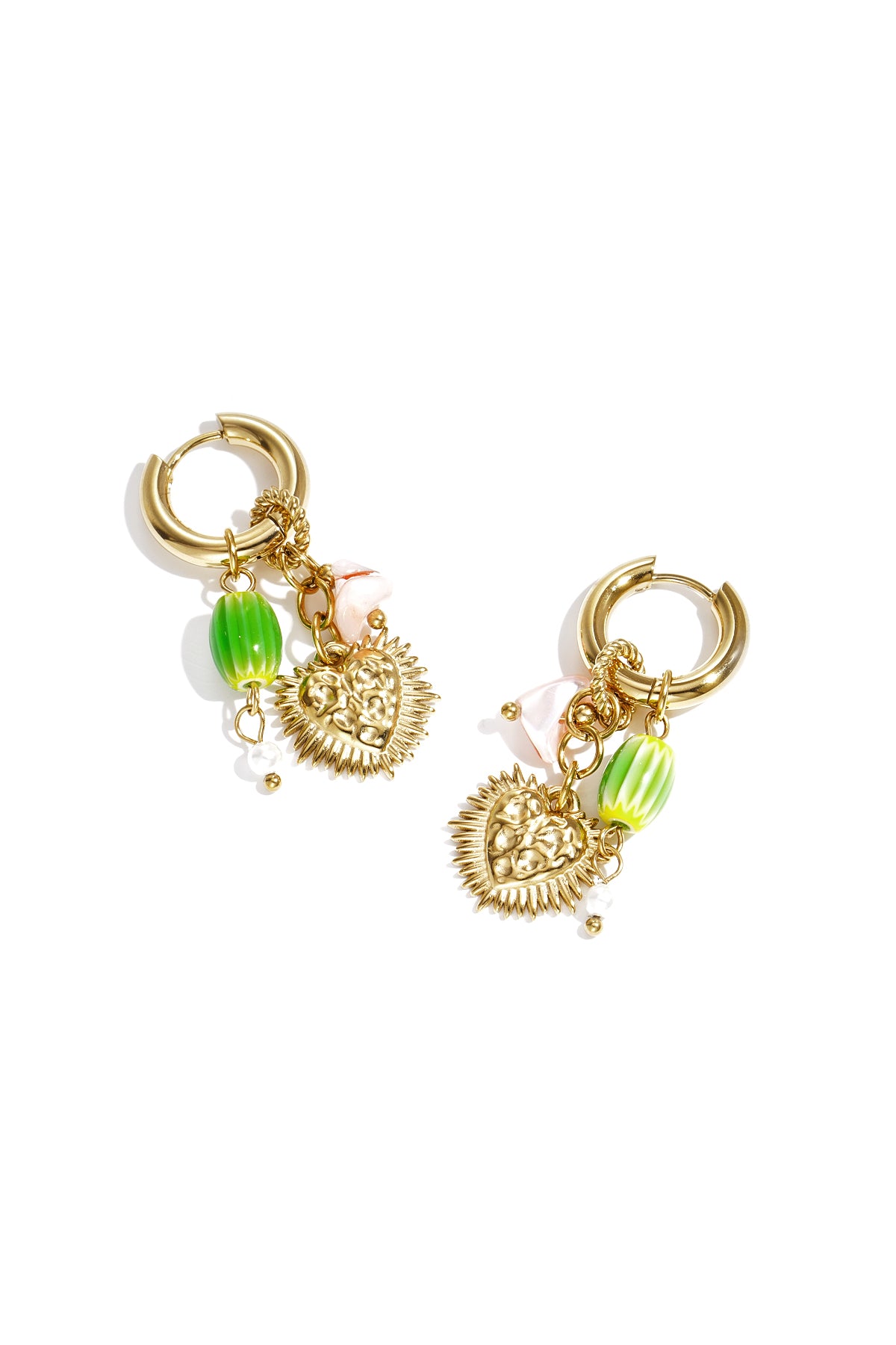Earrings with heart and colorful bead pendants